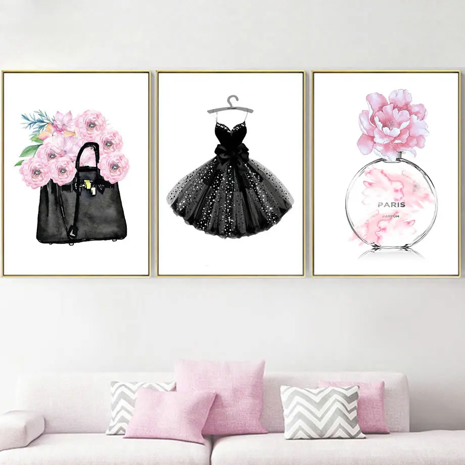 Fashion Dress Handbag Paris Perfume Wall Art Canvas Painting Nordic Posters And Prints Wall Pictures For Living Room Decor