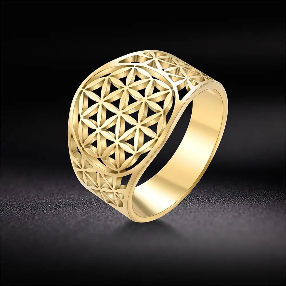 MyShape Flower of Life Mandala Filigree Ring Wedding Large Band Stainless Steel Gold Color Filled Fashion Rings Size 7,8,9