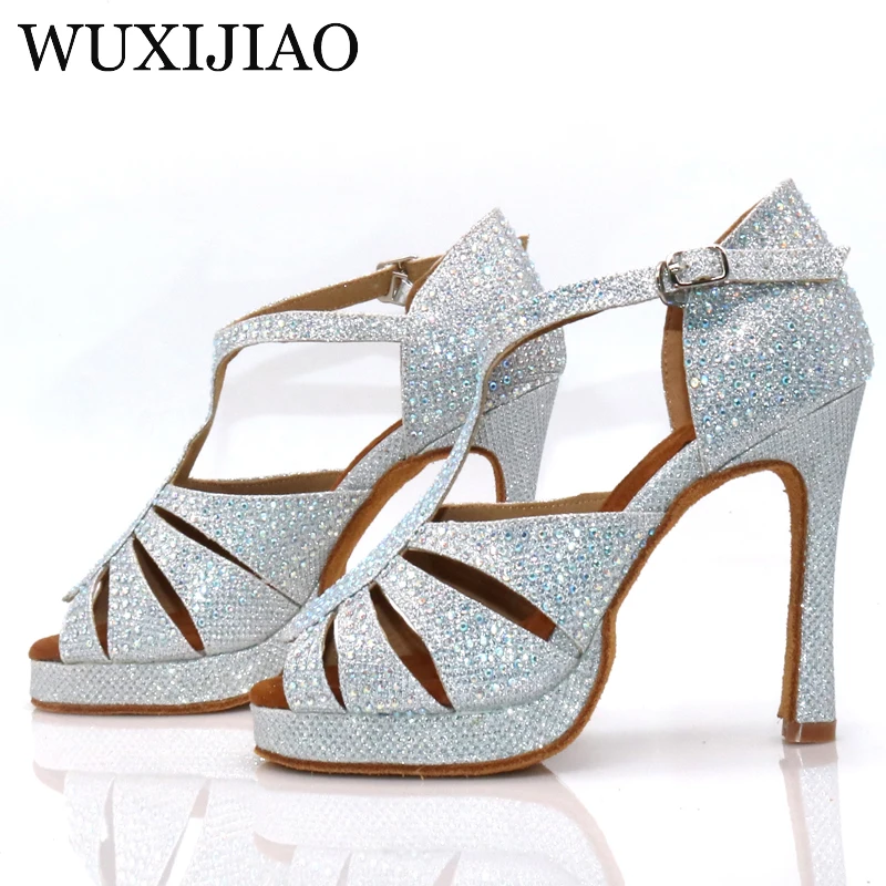 Wuxijiao Baru Wanita Perak Berkedip Kain Sepatu Dansa Rhinestones Salsa Sepatu Ballroom Menari Sepatu dengan 10 Cm