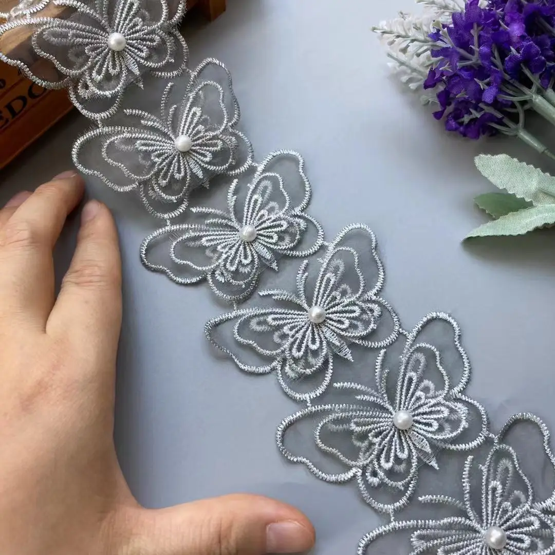 2 yards Grey Double Layer Butterfly Lace Trim Ribbon Embroidered Fabric Polyester Pearl Flower DIY Sewing Craft For Hat Craft