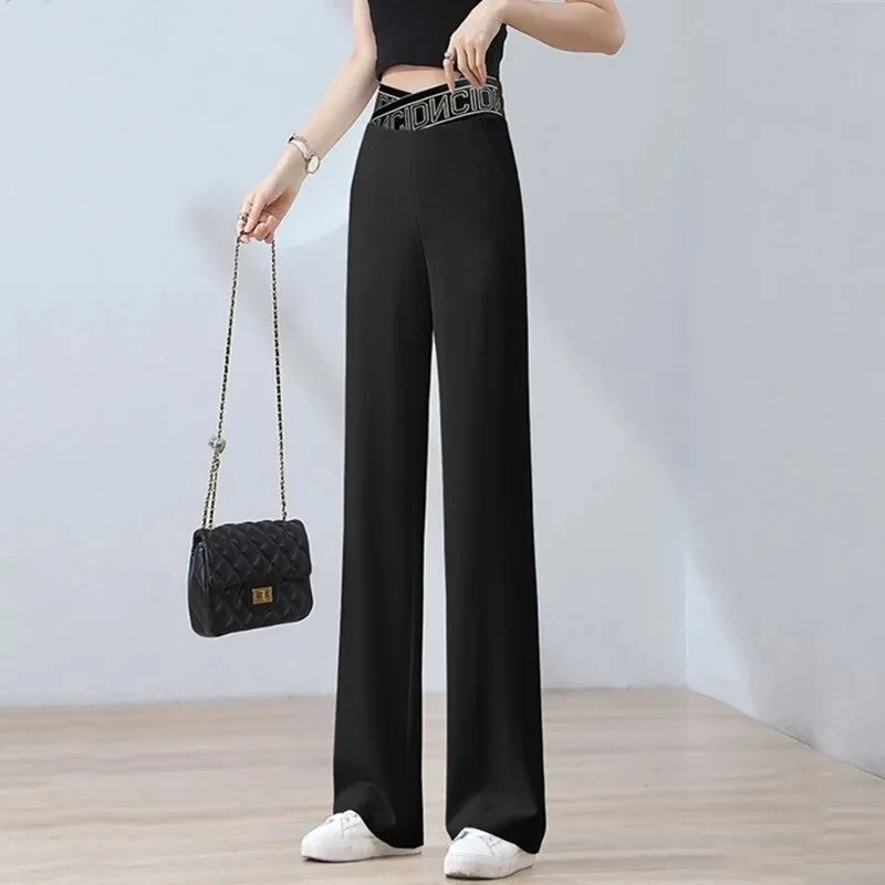 Women High-Waist Drape Letters Elastic Waist Wide-Leg Pants 2024 Female Summer Was Thin Straight Loose Trousers White Pants A125