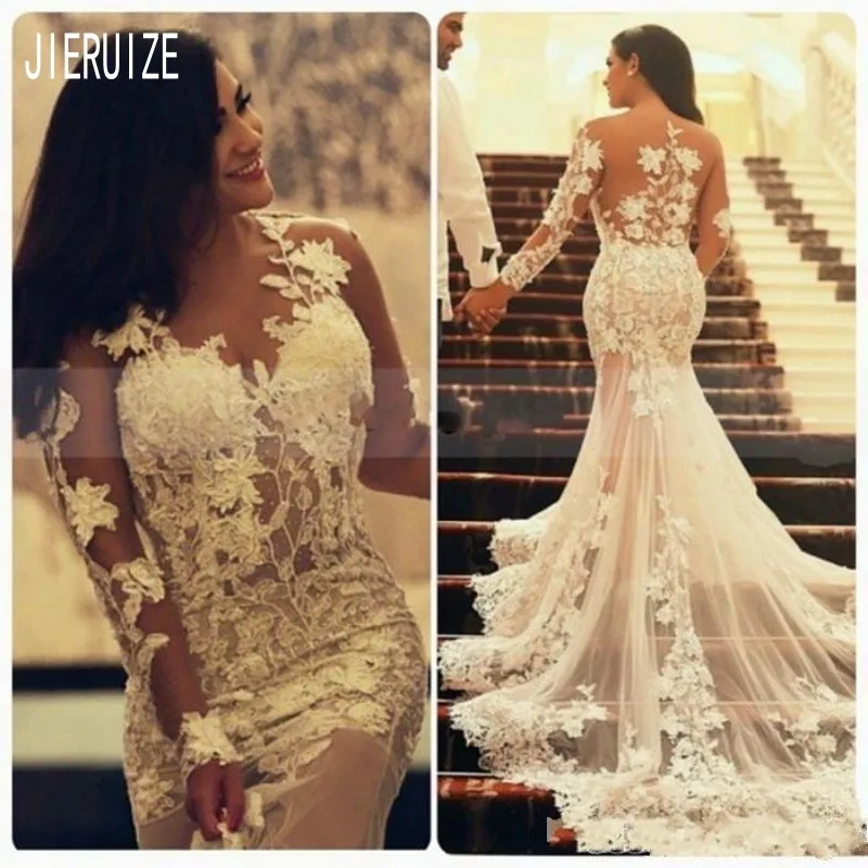 

JIERUIZE Sexy Lace Appliques Luxury Mermaid Wedding Dresses Long Sleeves Sheer Back Illusion Boho Bridal Gowns Vestidos De Novia