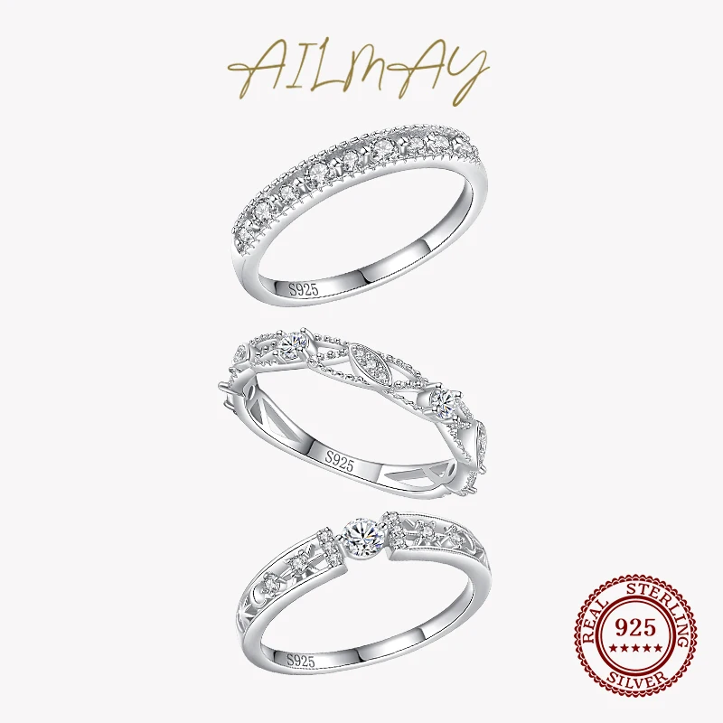 Ailmay New Sale Fashion 925 Sterling Silver Simple Geometric Stackable Rings Shining CZ  For Women Wedding Engagement Jewelry