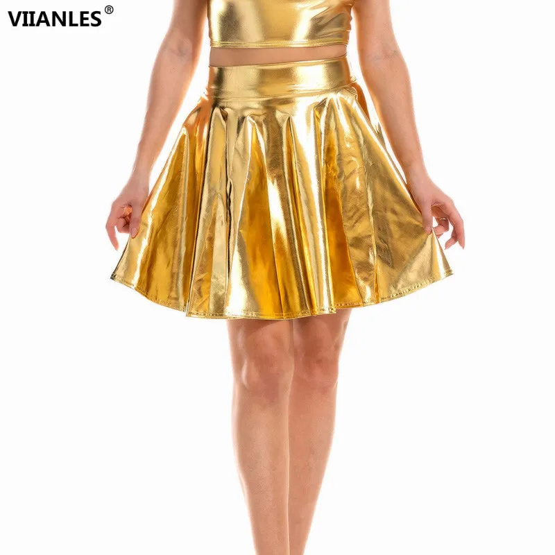 

VIIANLES High Street Ladies Pleated Skirt Shiny High Waist Mini Summer Polyester Gold A-line Silver Women