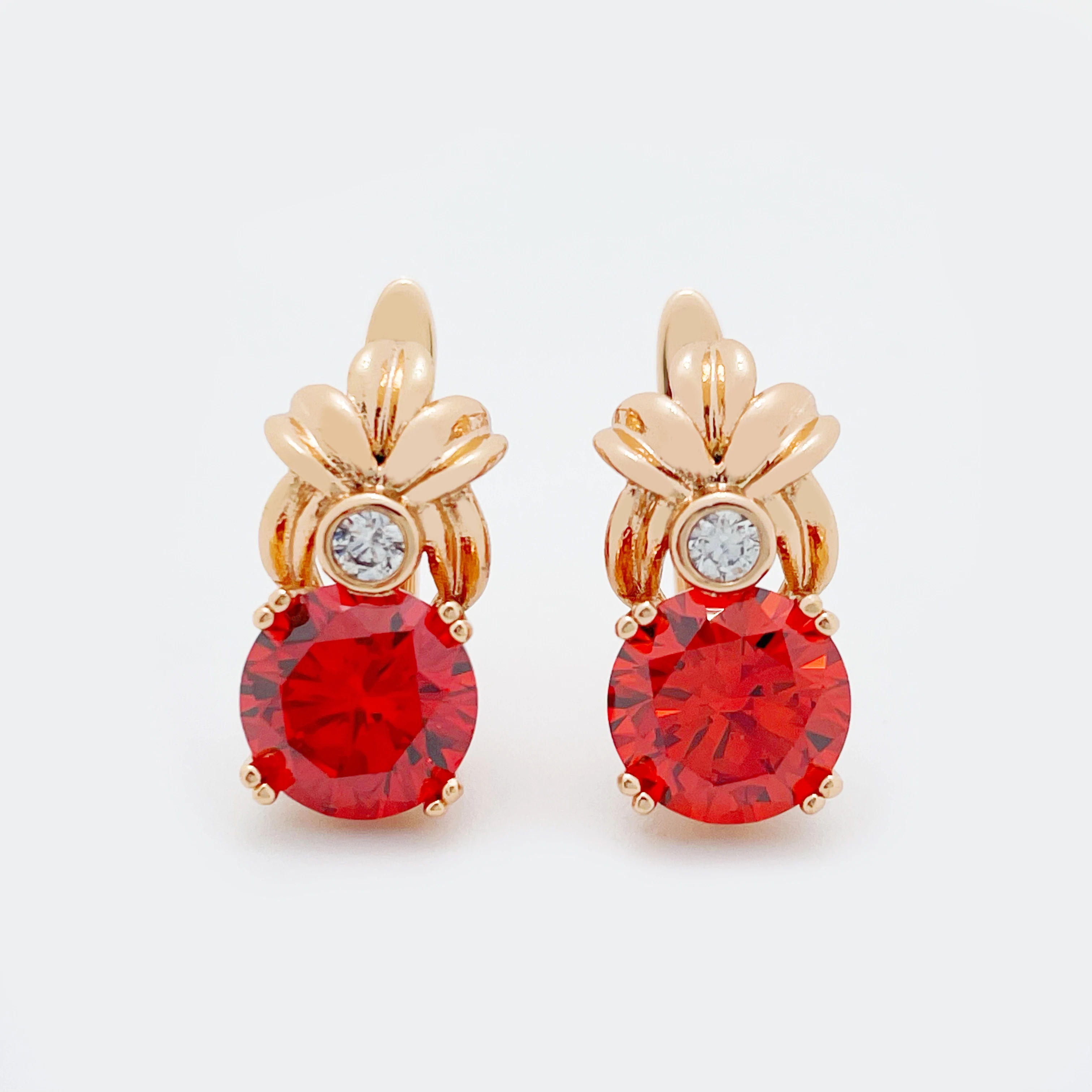 New Cute Small Red Stone 585 Rose Gold Fashion Jewelry Vintage Fine Flower Women Hollow Unique Earrings