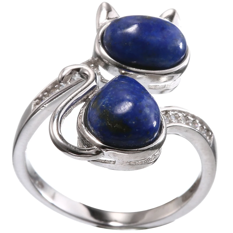 AMORUI Lapis Lazuli Natural Stone Women Rings 925 Sterling Silver Cute/Romantic Cat Zircon Rings Party/Weeding/Birthday Jewelry