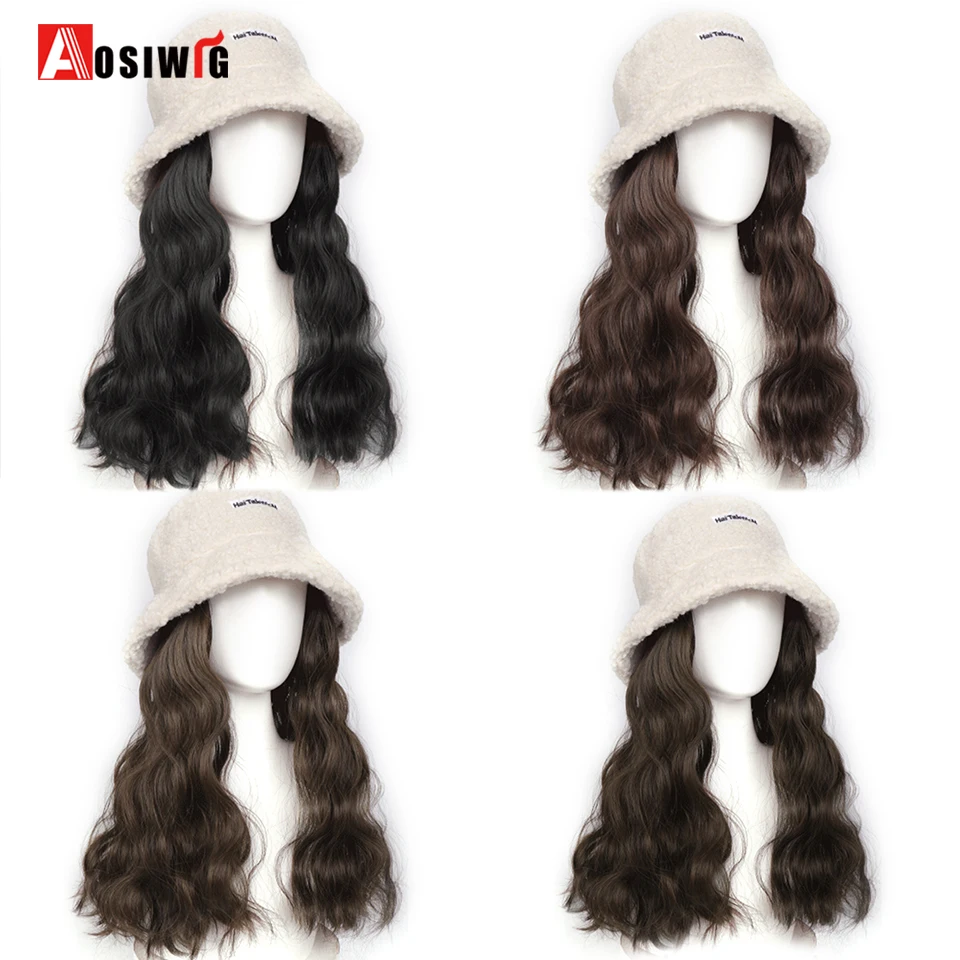 AOSI Synthetic Hat Wig Long Wavy Wig Fashion Autumn And Winter Lamb Hair Fisherman\'s Hat Ripple Wig Hat For Women