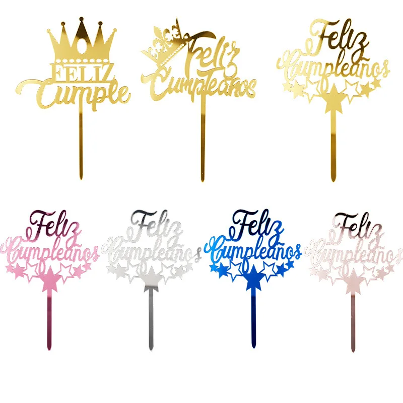 New Spanish Happy Birthday Cake Topper Golden Crown Acrylic Birthday Party CakeToppers for Baby Shower Cake Dessert Decorations