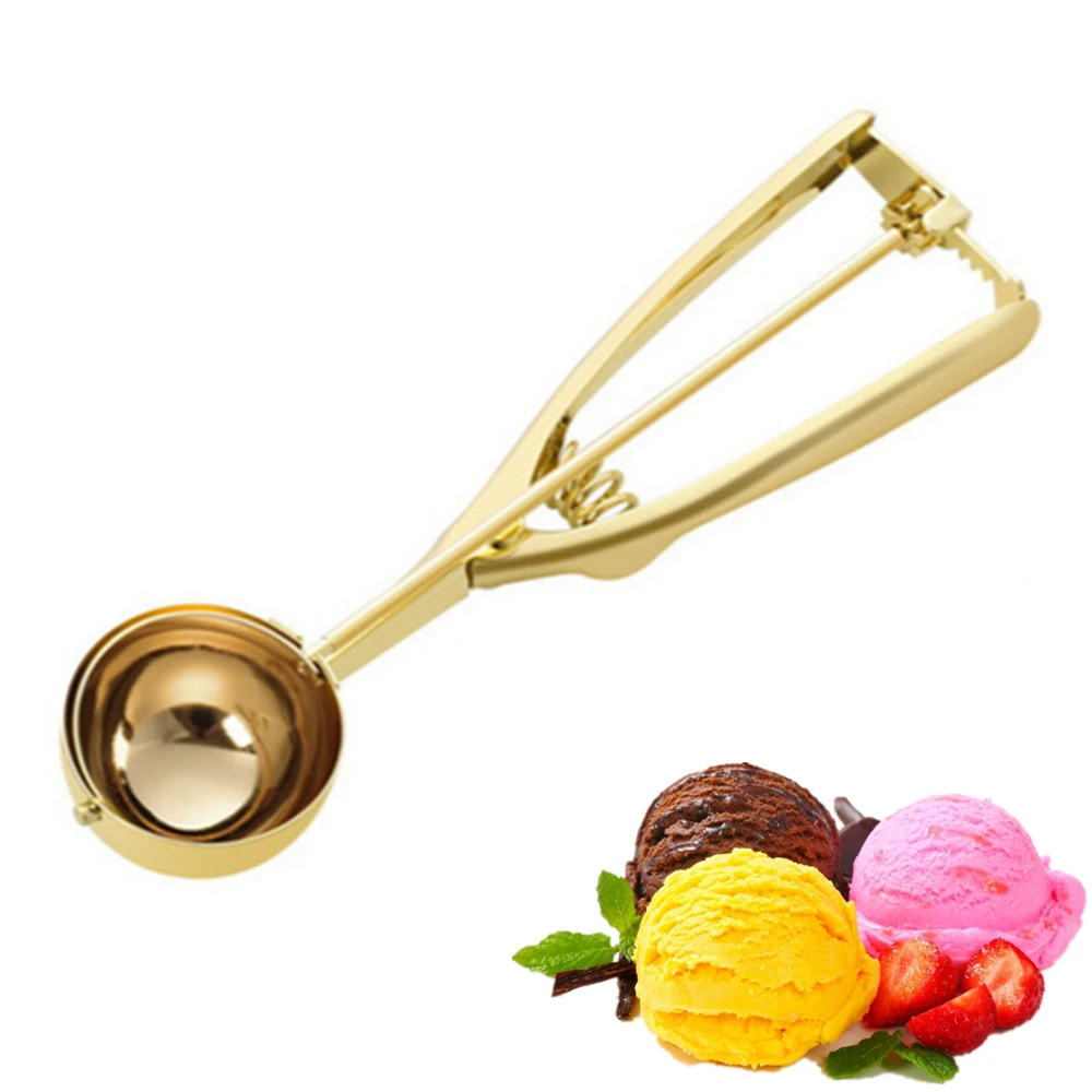 Gold Ice Cream Spoon Stainless Steel Ice Cream Tools Cookie Scoop Icecream Spoon Kitchen Sticks Mashed Potatoes Watermelon 1PCS