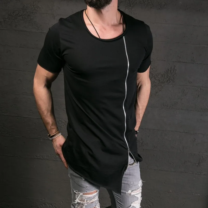 Summer wear long round neck matching half-sleeve t-shirt large undershirt high street style inclined Zipper short-sleeved t-fash