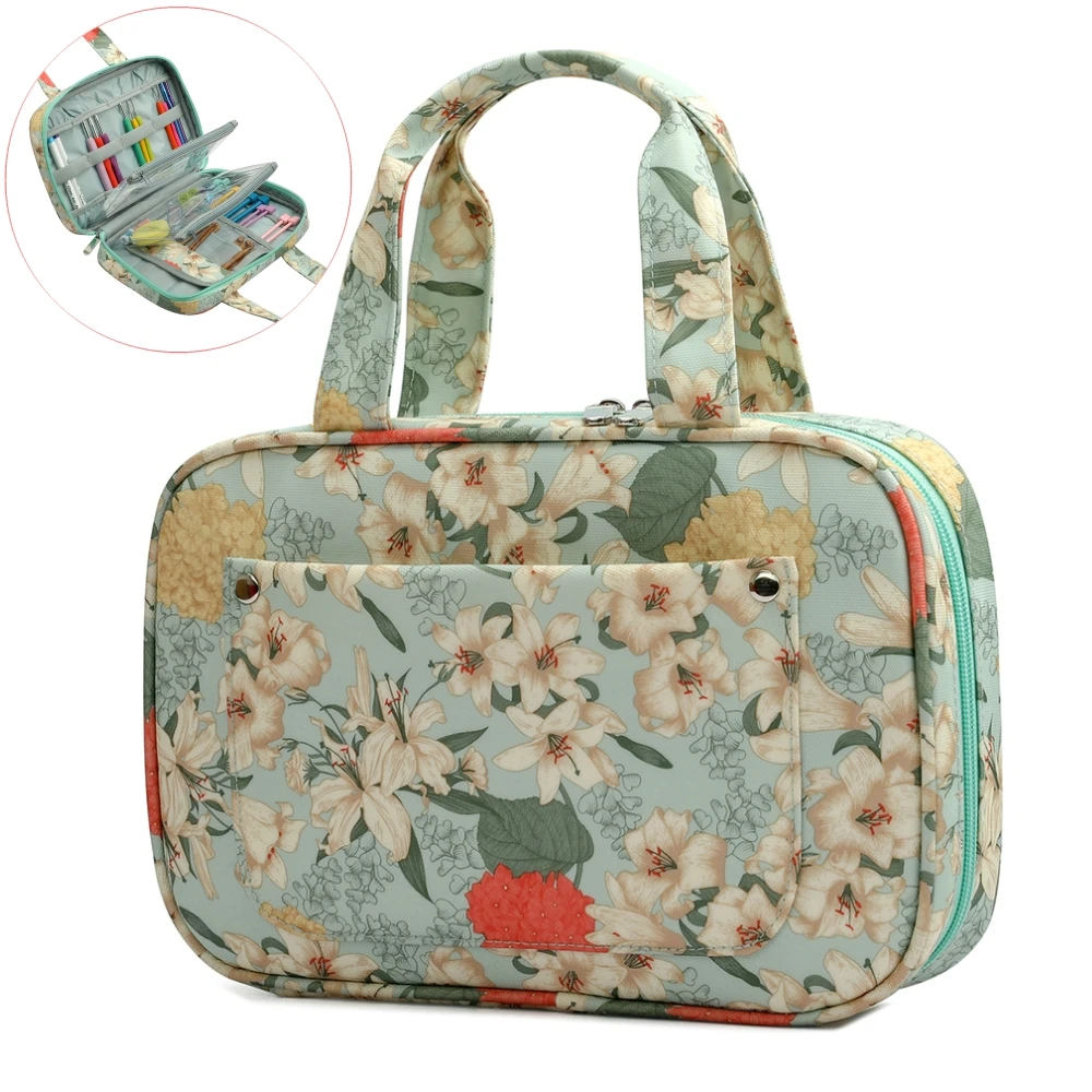 

Portable Knitting Kit Case Organizer Bag Green Color Bag With Flower Knitting Needles Storage Bag For Sewing Accessories