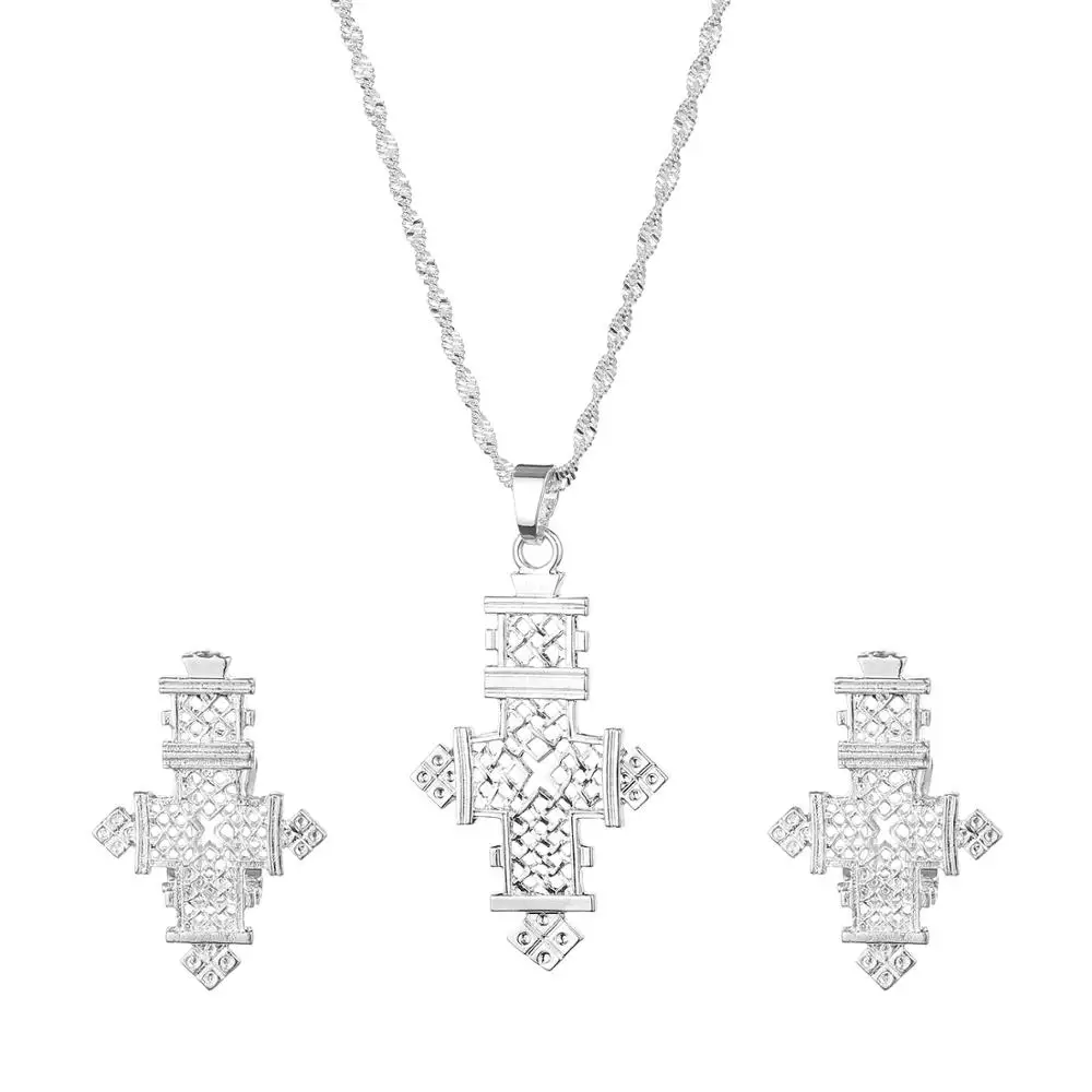 Ethiopian Cross Pendant Necklaces Earrings for Women Girl Eritrea African Crosses Charm Jewelry