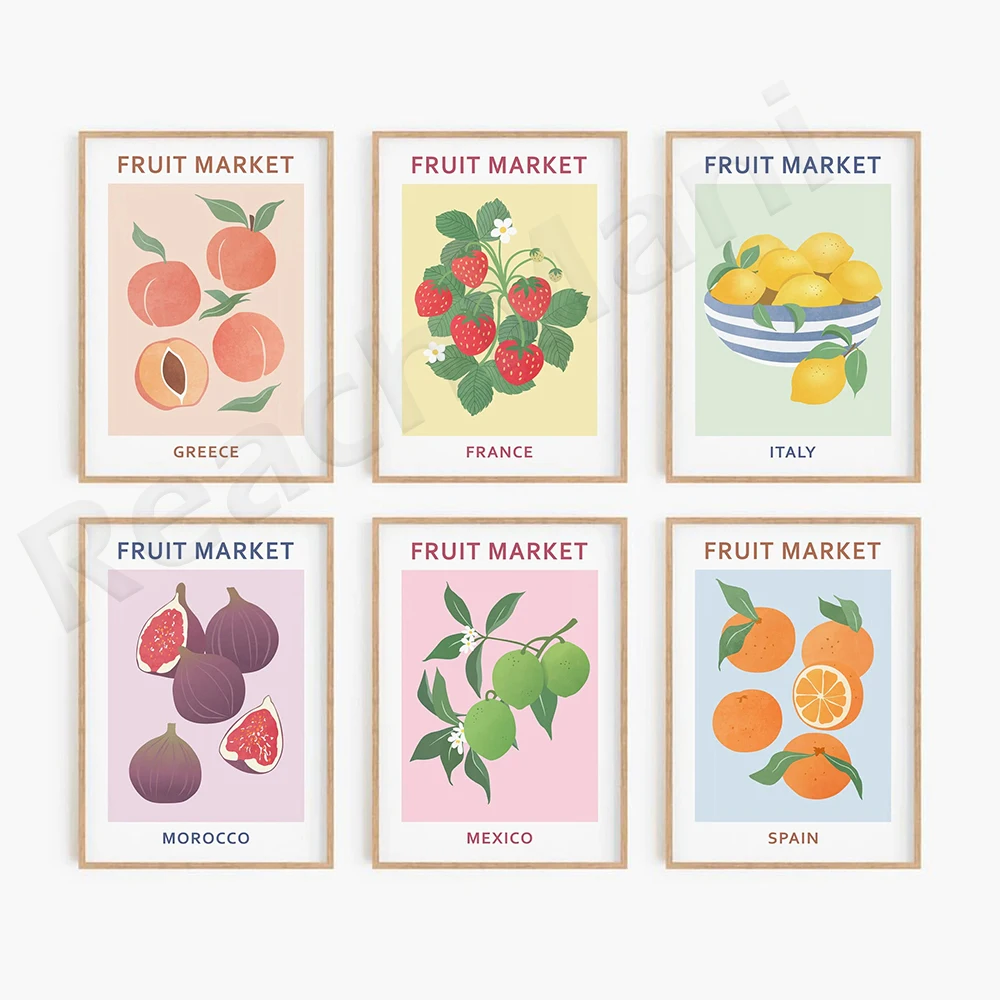 Fruit Market Print , DIGITAL DOWNLOAD, Peach Lemon Orange Fruit Market Posters, Colourful Wall Art, Botanical Gallery Wall Set