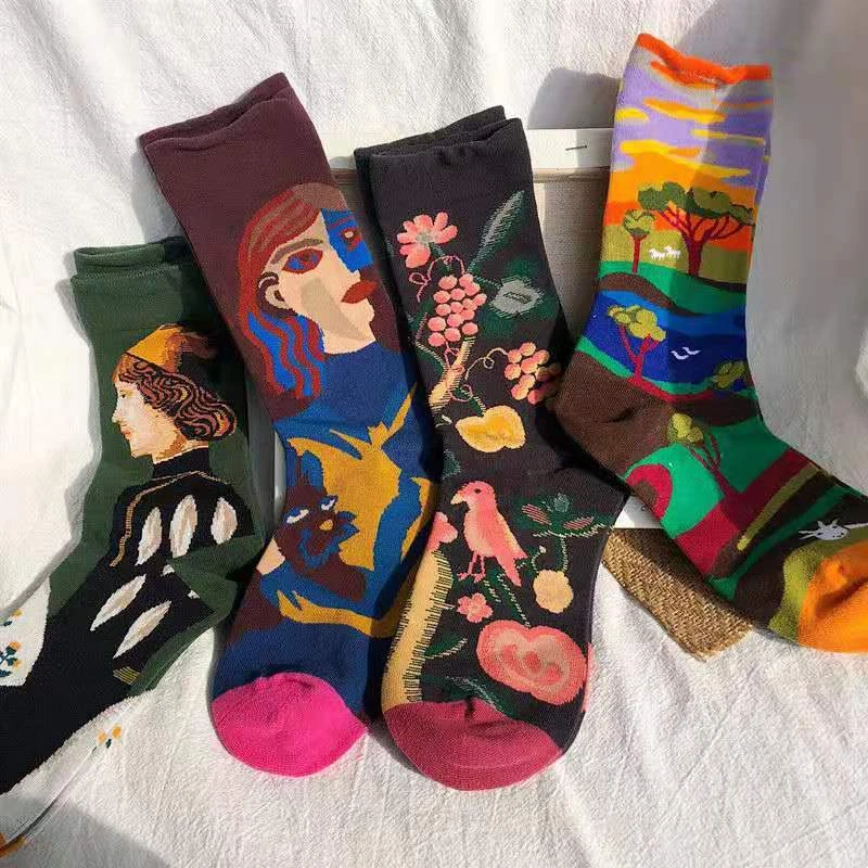 Women Vintage Oil Painting Socks, Cute Kawaii Colorful Art Creative Cotton Socks Funny Pattern Fashion Holiday Party Gifts