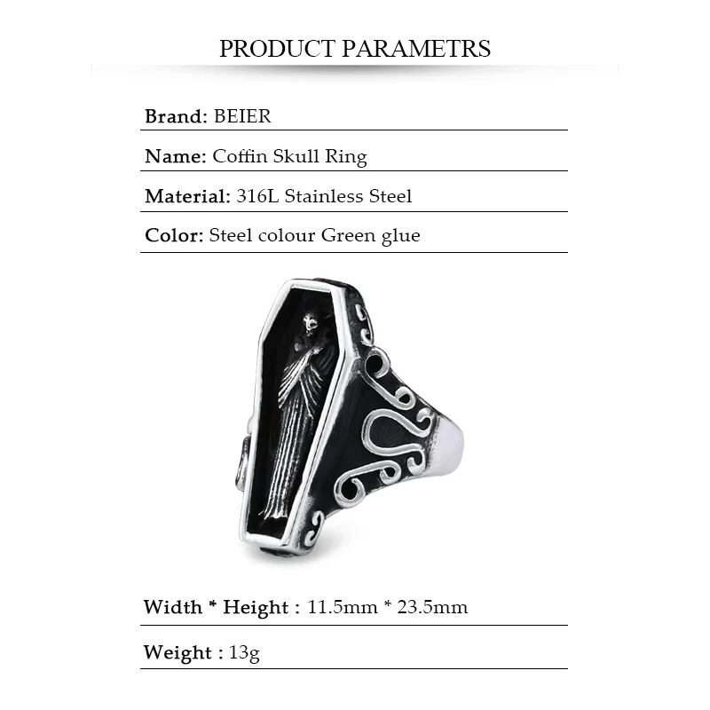 BEIER 316L Stainless Steel Vampire Diaries Rings Rock Party Coffin Fashion Skeleton Men Fashion Jewelry Dropshipping LLBR8-101R