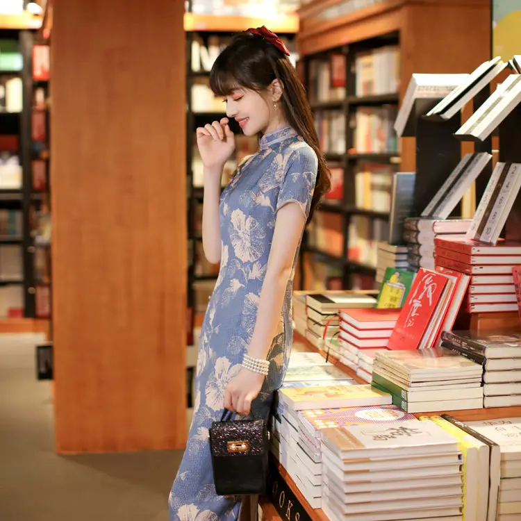 Women Chinese Style Dress Cheongsam Retro Elegant Blue cheongsam