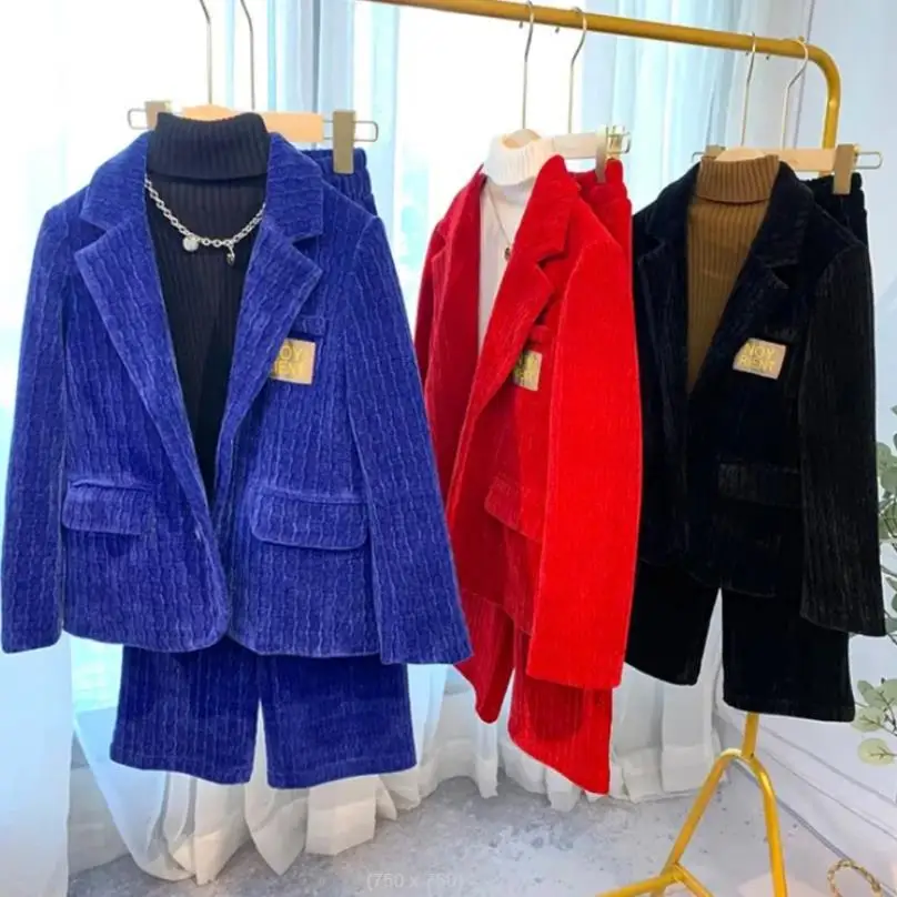 High Quality Children Strip Velvet Coat + Pants 2pcs Suits Baby Girl And Boys Fashion Chenille Loose Sets Kids 4 Colors Sets 536