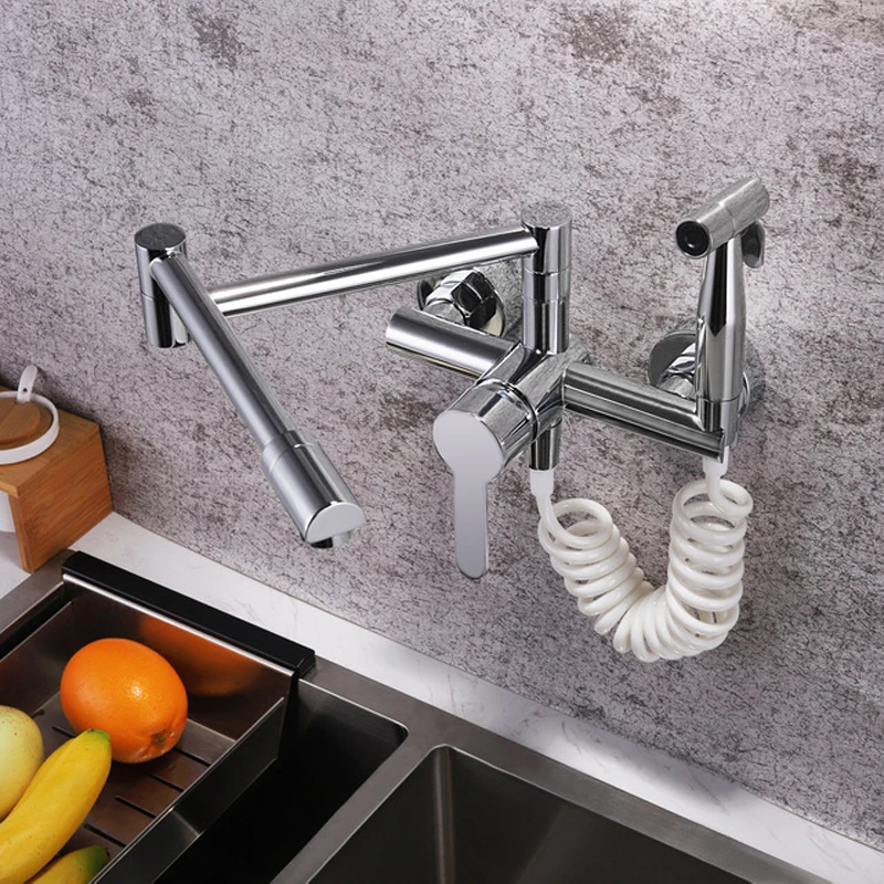 Brass Matte Black Wall Mounted Kitchen Faucet Pull Down Cold Hot Water With Spout 360 Rotation Dual Function Sprayer Taps ML1343