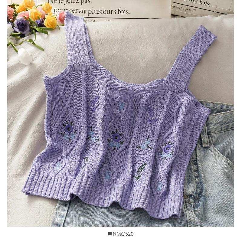 Women Floral Embroidery Tank Tops Cropped Female Chic Plain Cute Camisoles Ribbed Crop Top For Summer Vest Slim Knitted Top