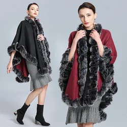 Winter Warme Lange Poncho Cape Zwarte Grijze String Faux Bont Kraag Outstreet Sjaal Mantel Vrouwen Beide Zijde Dragen Mode Losse Overjas