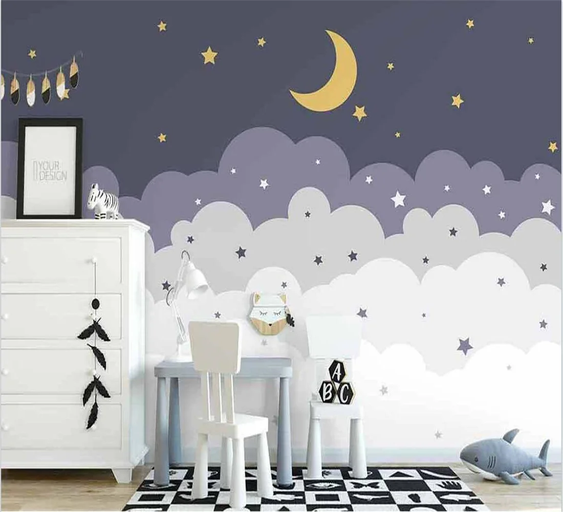 Customized cartoon wallpaper Nordic hand-painted moon stars romantic clouds children's room background wall 3d wallpaper