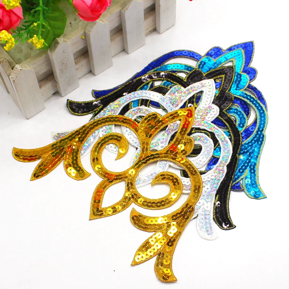 5 Pieces Sequined Flower Appliques Iron On Embroidered Patches 17cm*14cm