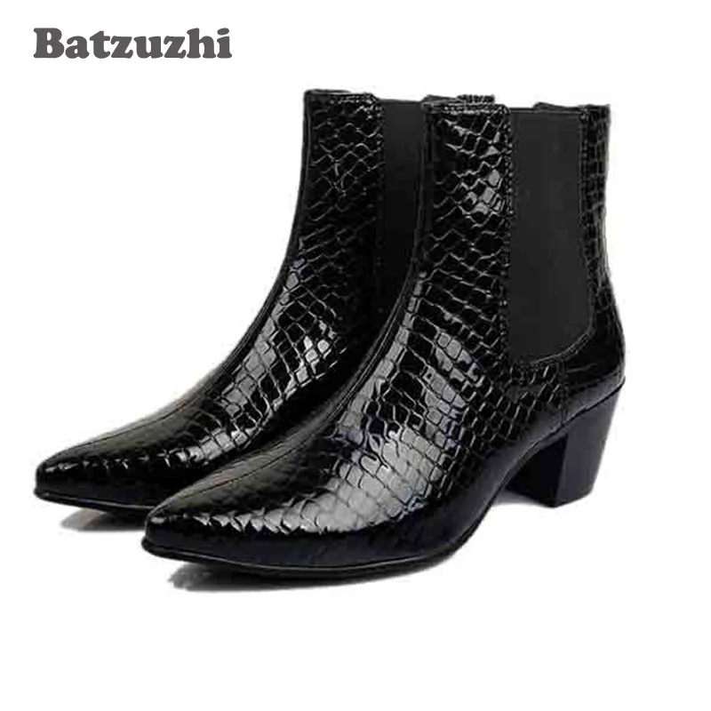 

Batzuzhi 7CM Height Winter fashion British Style leather men boots high Short boots Black Business Short Leather Boots Men