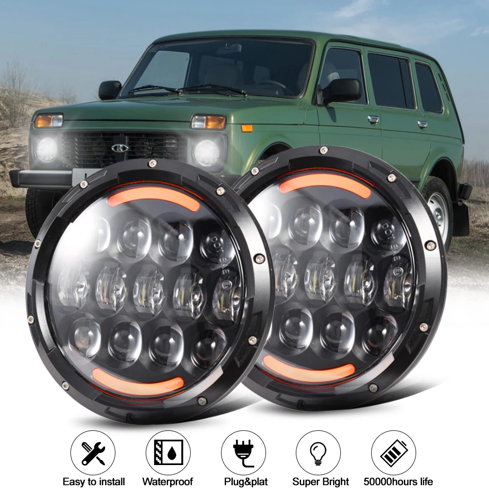 

105W 7Inch Round LED Lada Niva Offroad 4x4 Headlamps with Halo Ring For UAZ jeep UAZ 469 452 Hunter GAZ trucks 2*4 Headlights