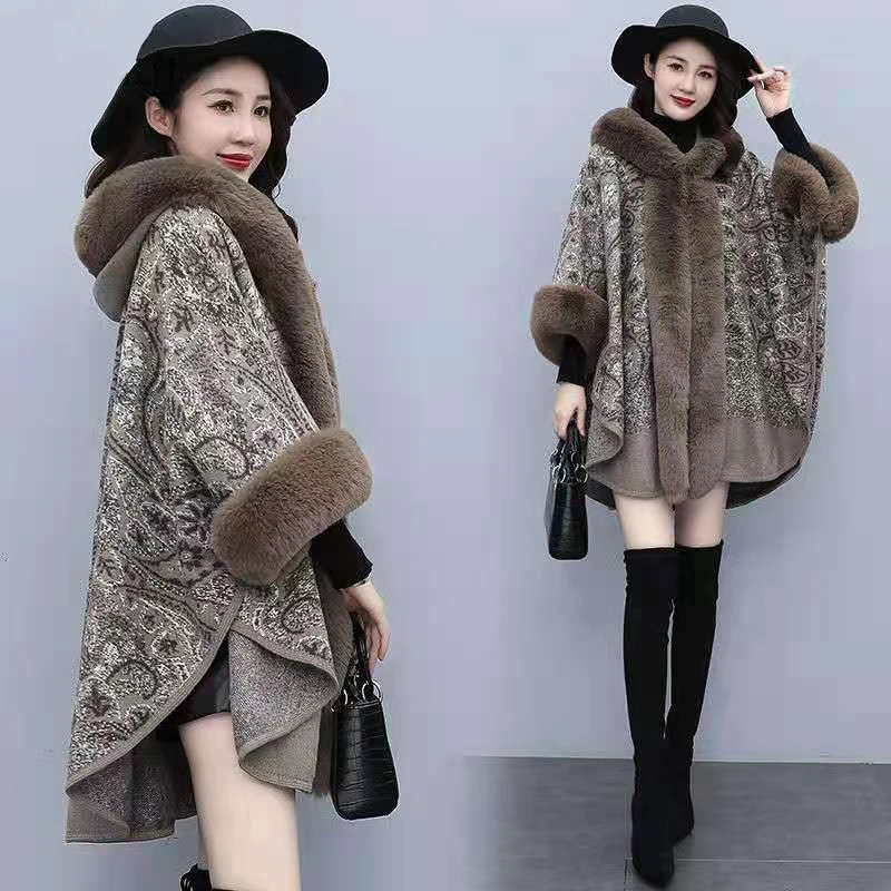 Hot Sale Fashion Cashew Flower Shawl Poncho Cape Autumn Winter Retro Style Soft Cashmere Rabbit Fur Hooded Coat for Women