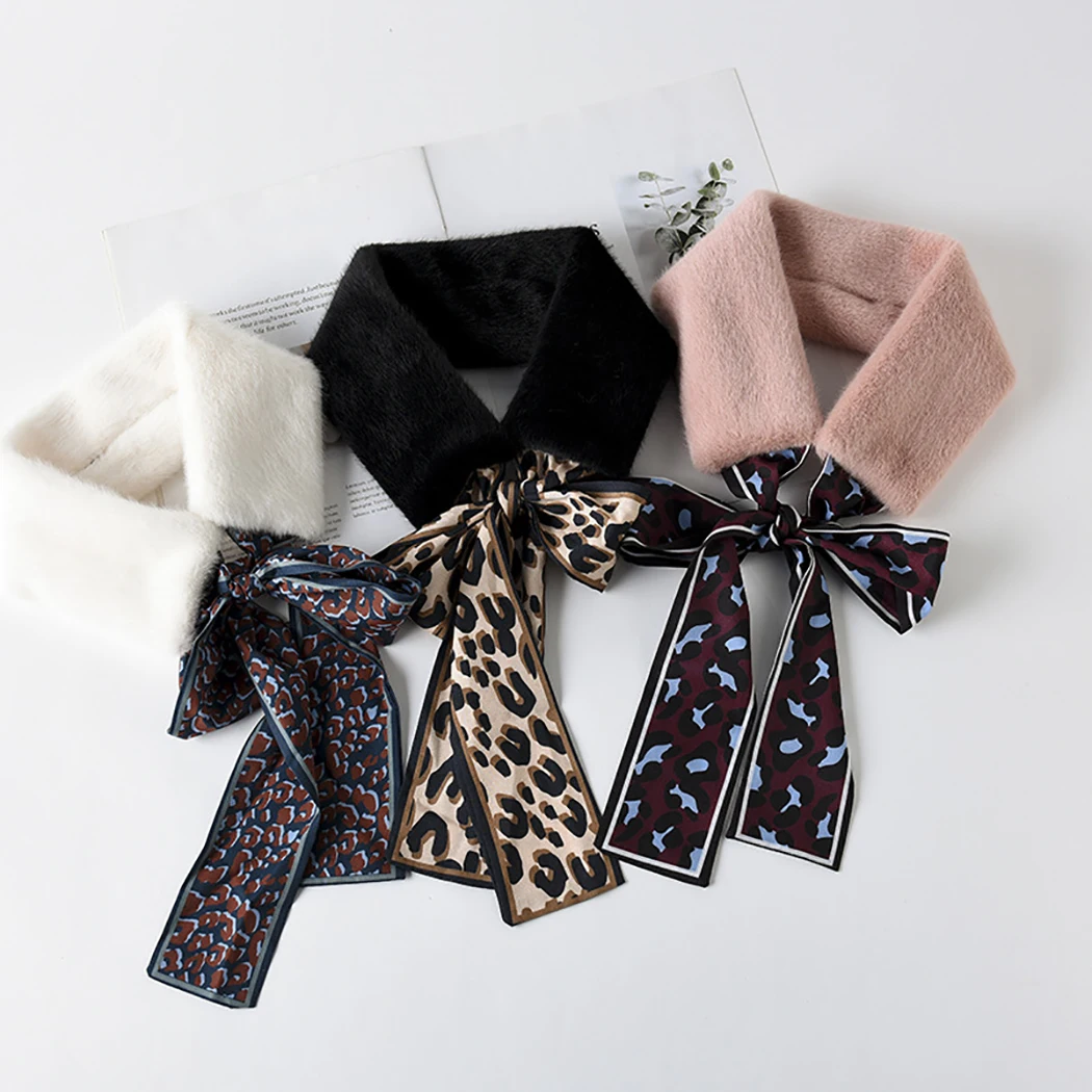 1PC Faux Fur Scarf Cross Leopard Ribbon Winter Warm Scarf Collar Scarf Neck Warmer