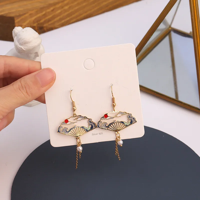 Chinese Style Folding Fan Crane Carp Lotus Asymmetrical Long Tassel Dangle National Style Earrings for Women Jewelry Gift