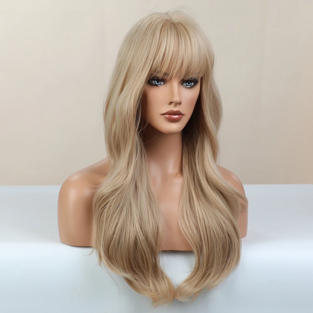 BLONDE UNICORN Long Wavy Synthetic Hair Wigs Light Blonde with Bangs For Black White Women Heat Resistant Fiber Daily Wig