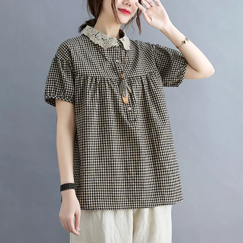 Women Cotton Linen Casual Shirts New 2021 Summer Vintage Style Peter Pan Collar Plaid Print Loose Female Tops S3791