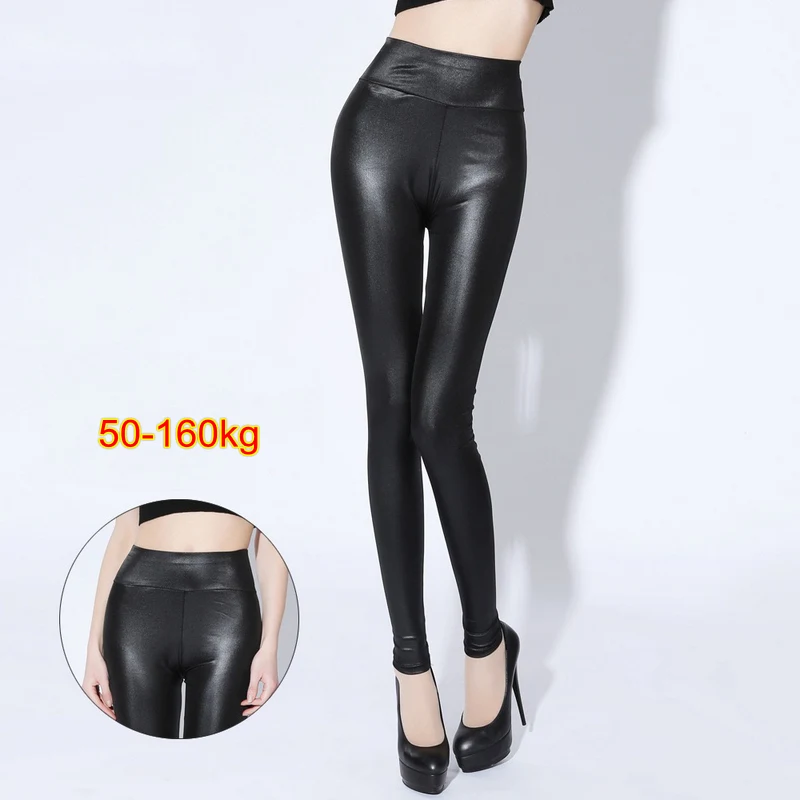 Leggings PU para Mulheres, Butt Lift, Spandex Preto, Calças Stretch de Cintura Alta, Plus Size, Big, Outono, Ouc088, 5XL