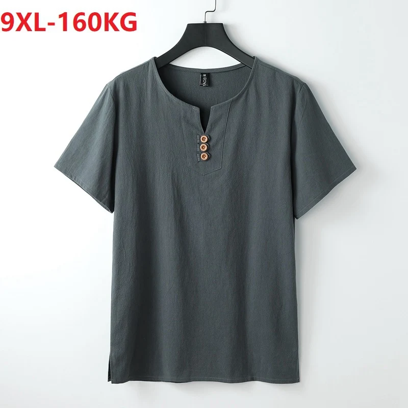 

summer plus size 7XL 8XL 9XL Chinese style short sleeve tshirt Men linen vintage tees Tang suit oversize v-neck tshirt navy blue