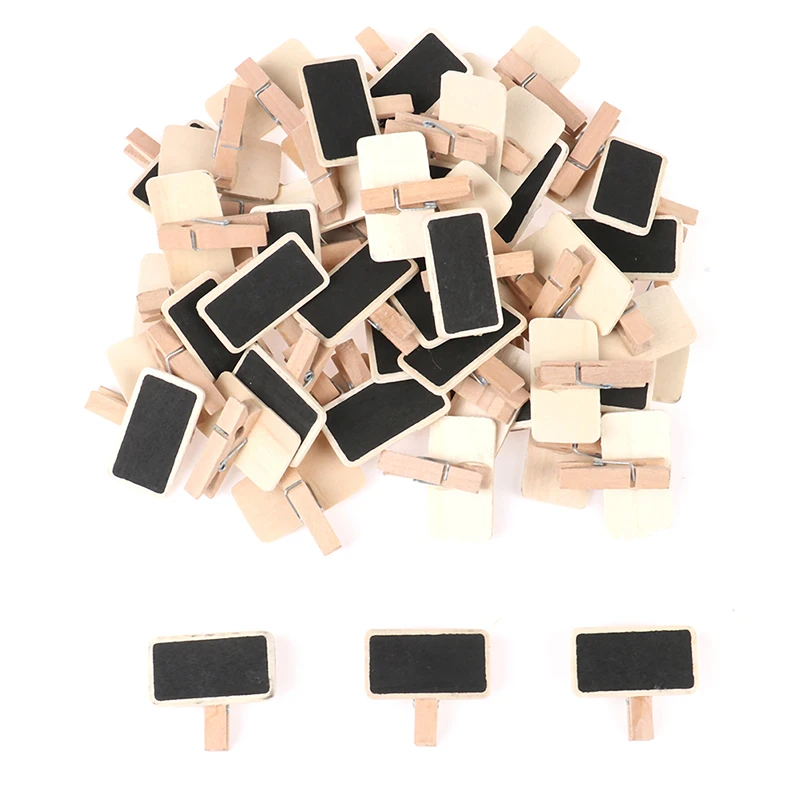 50pcs Mini Wood Blackboard  Message Slate Rectangle Clip  Panel Card Memos Label Digit Table