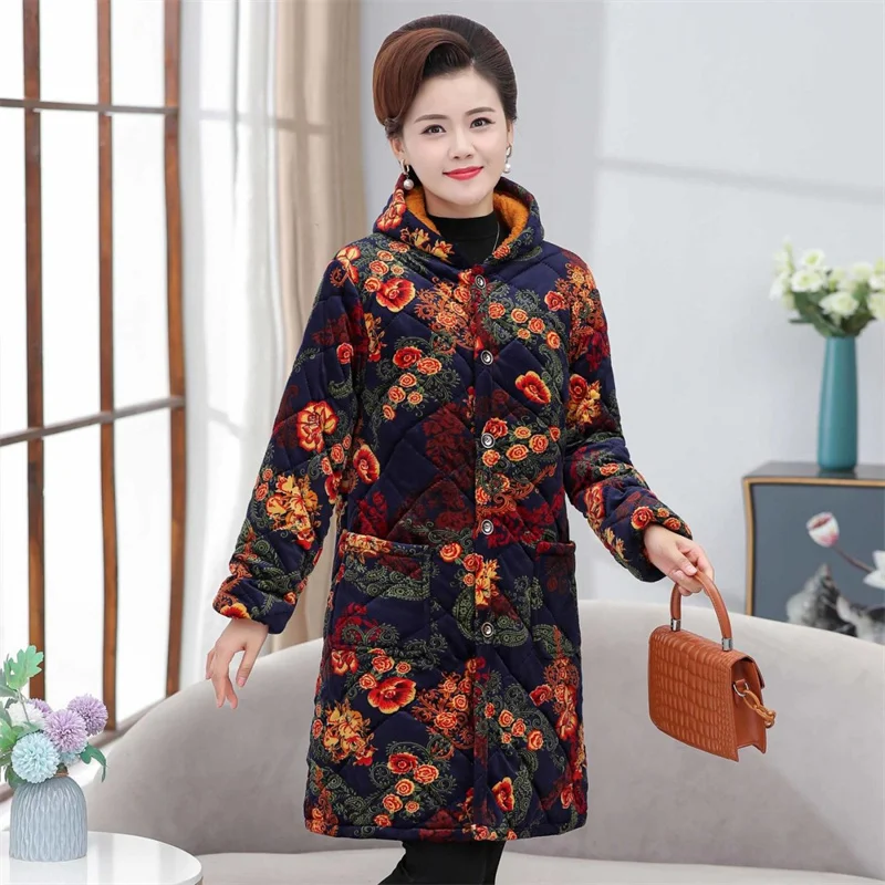 Middle-Aged Elderly Cotton-Padded Jacket Women Loose Mid-length Velvet Padded Coat 2022 Mothers Warm Cotton-Padded Coat A412