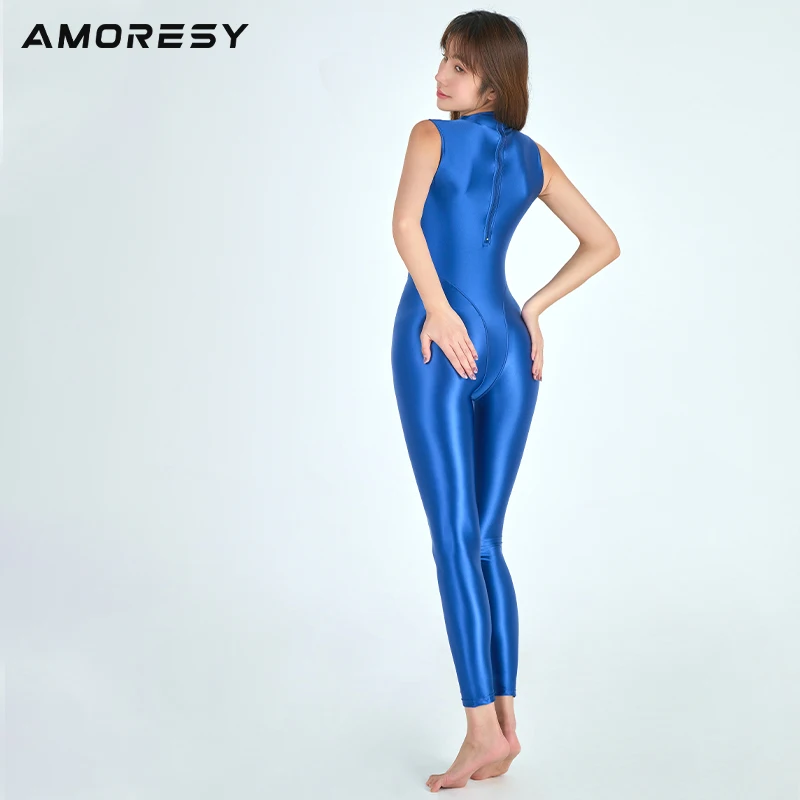 AMORESY sexy shiny high neck tights glossy smooth casual running Jumpsuit Yoga casual pants sexy 9-point sportswear