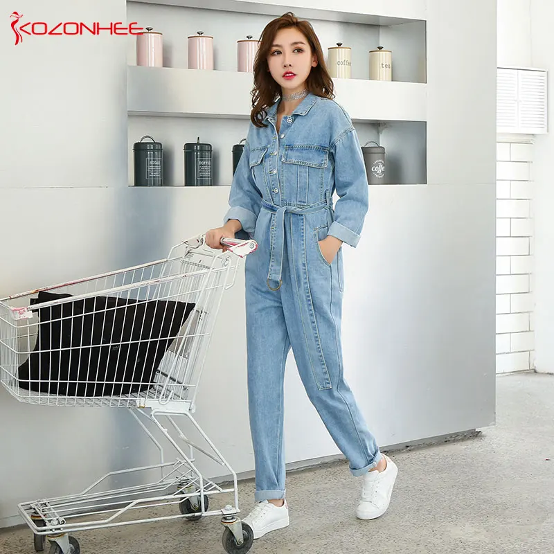 Loose Sashes Denim Work Suit Overalls Jumpsuits Pocket Rompers Jeans with high waist Plus Size Women Fashion Casual  #92