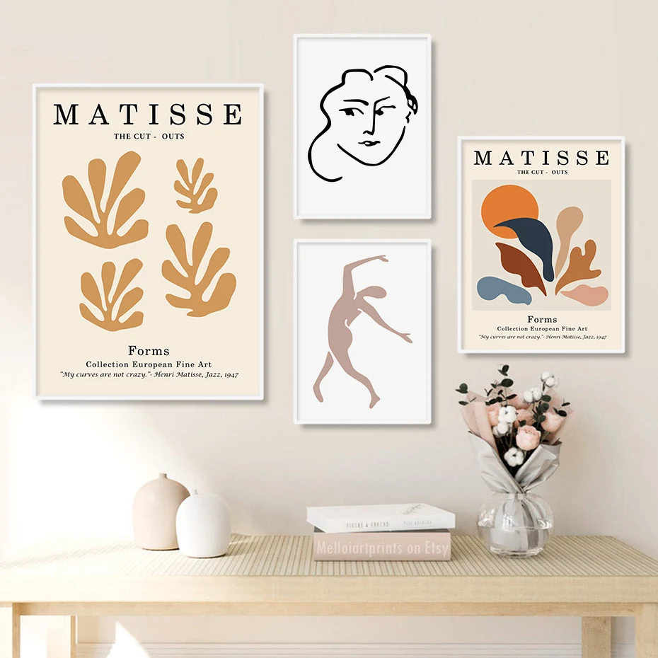 Trendige abstrakte Silhouette Matisse Beige Blumen Poster Leinwand Gemälde Wand Kunstdrucke Bild Innen Home Wohnzimmer Dekor