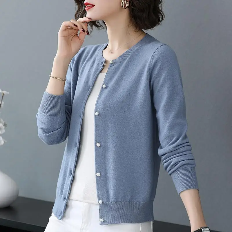 Fashion Korean Knitting Cardigans Women Solid elegant long sleeve O-neck slim sweater Single Breasted Casual allmatch jacket