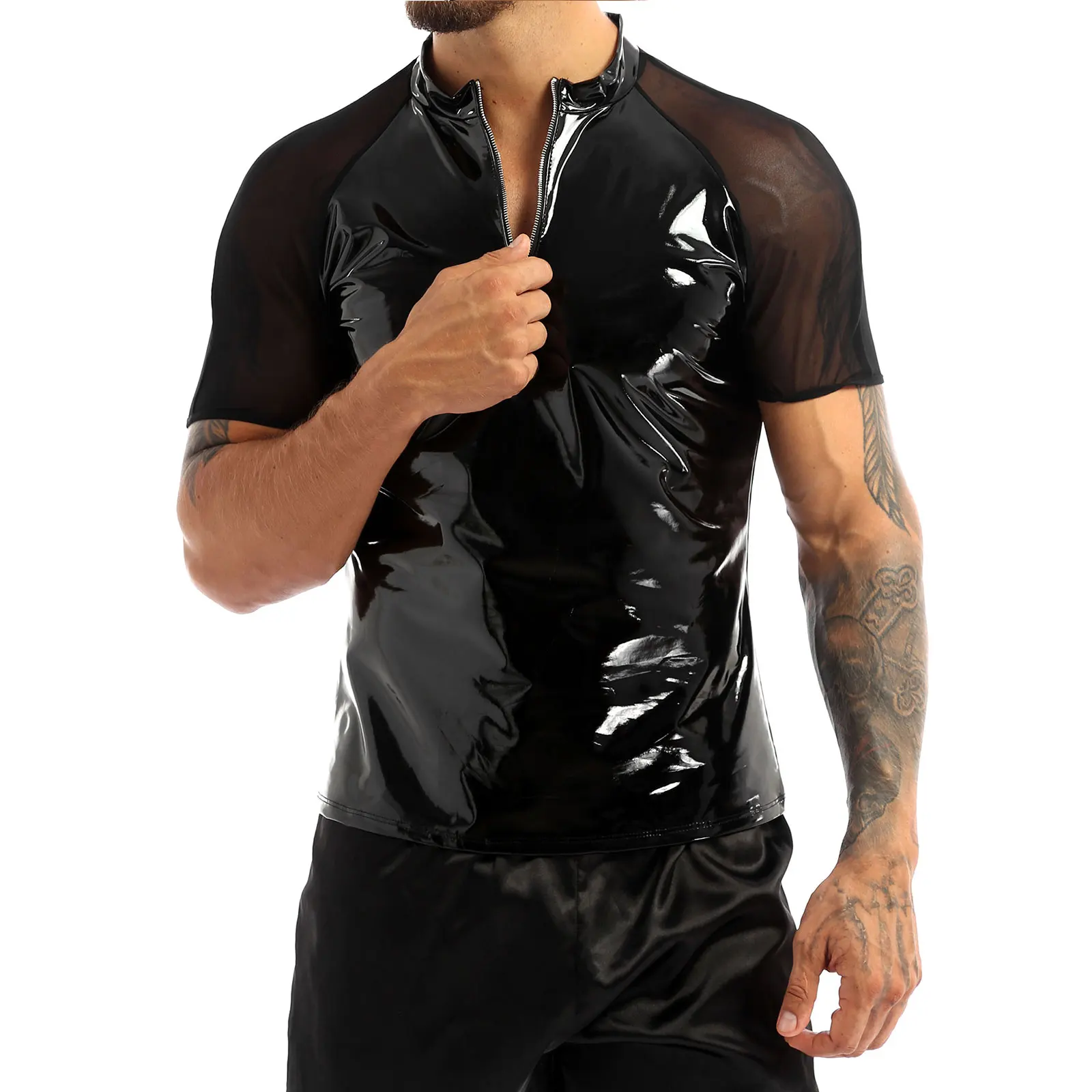 Clubwear T-Shirts Mens Wet Look Patent Leather Shirt Tops Round Neck Sheer Mesh Short Sleeves Half Front Zipper T-Shirts Tops