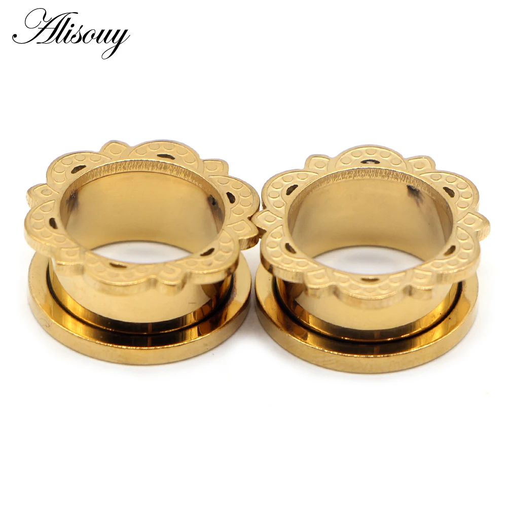 Alisouy 2pcs Stainless Steel Ear Gauges Plugs Flower Lace Ear Flesh Tunnel Expanders Stretchers Earring Piercing Body Jewelry