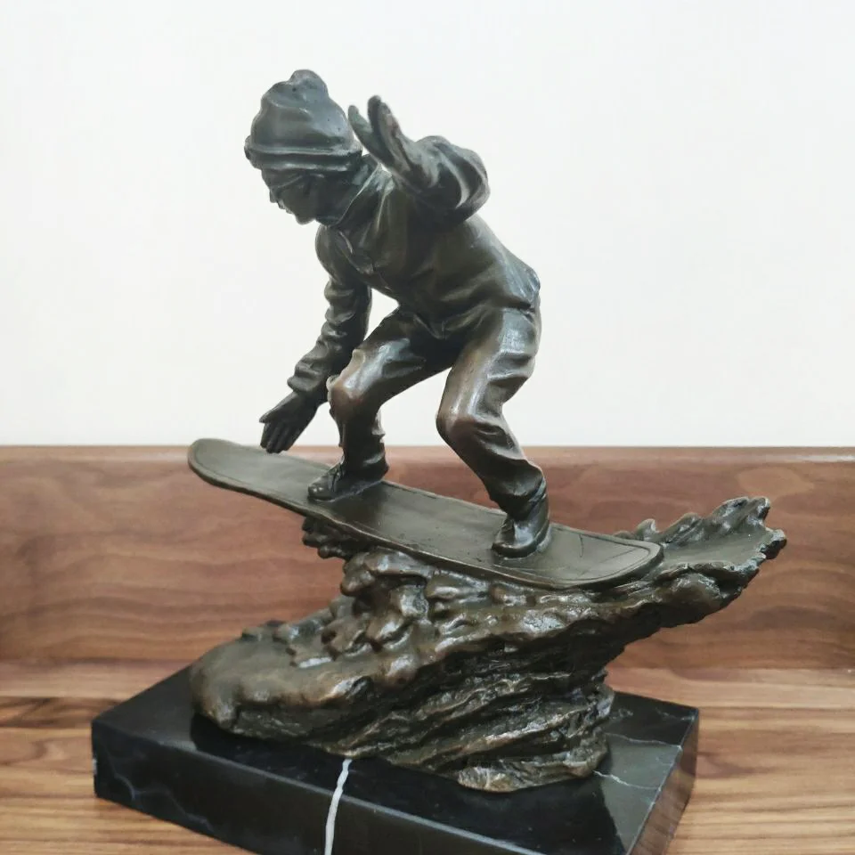 Surfing Teenager Statue Sport Man Sculpture Art Marble Base Modern Figurine Indoor Decoration