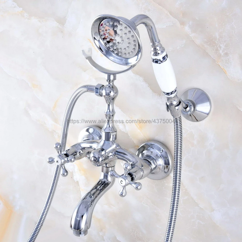 Polished Chrome Bathroom Faucet Bath Faucet Mixer Tap Wall Mounted Hand Held Shower Head Kit Shower Faucet Sets Nna764