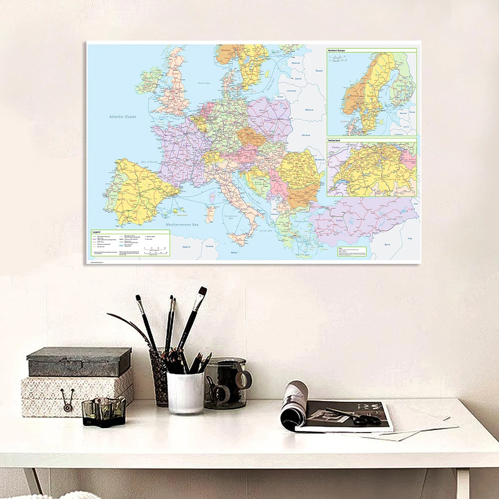 150*100 cm The Europe Transportation Route Map with Details Non-woven Canvas Painting Wall Poster Home Decor School Supplies