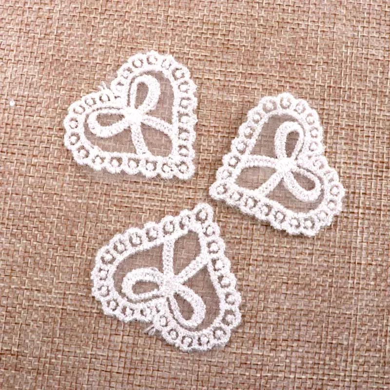 New 20Pcs White heart shape Vintage Lace Stick, Sew on Fabric Flower Motifs, Craft, Sewing, Patches 3.6x3.9cm