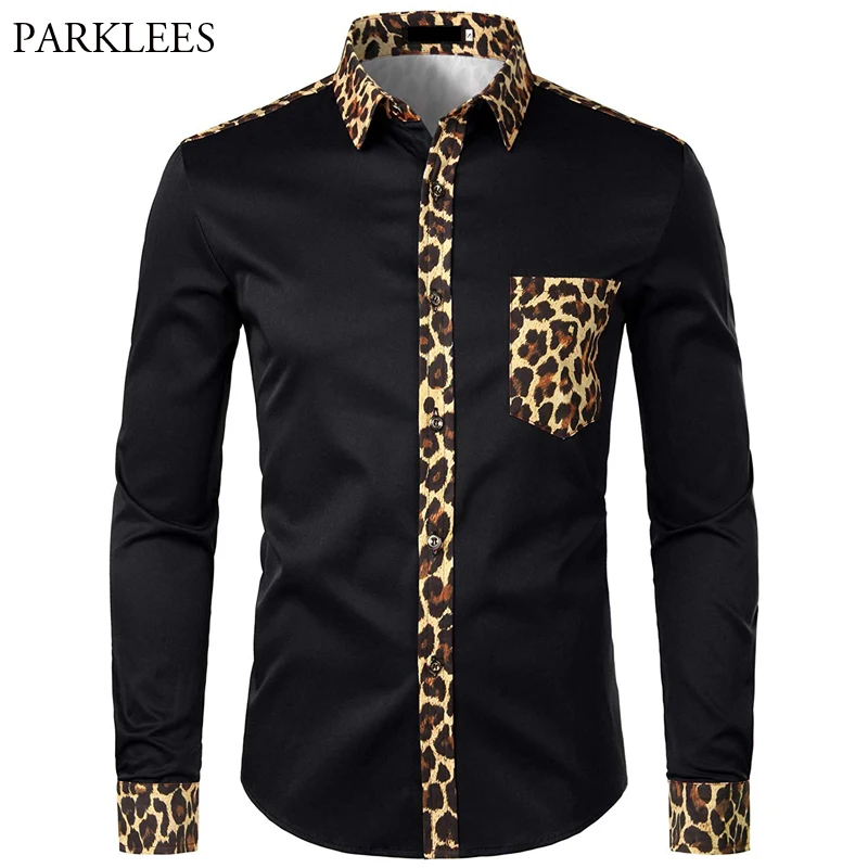 Camicia da uomo con stampa leopardata con tasca camicia da uomo manica lunga uomo moda marchio camicie da uomo con bottoni Camisas Hombre USA