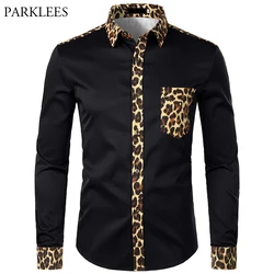 Camisa de leopardo masculina estampada com bolso, vestido manga comprida, camisas de botão, emenda, marca fashion, EUA