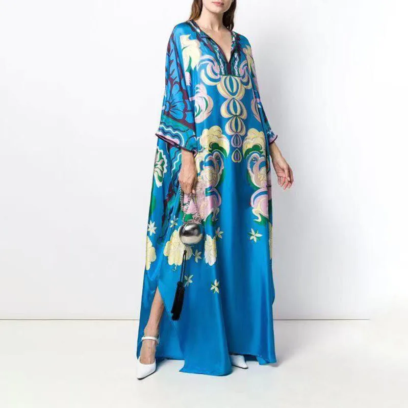 Luxury Designer Inspired Women Summer Silk Kaftan Bohemian Oversize Loose Long Maxi Blue Dress